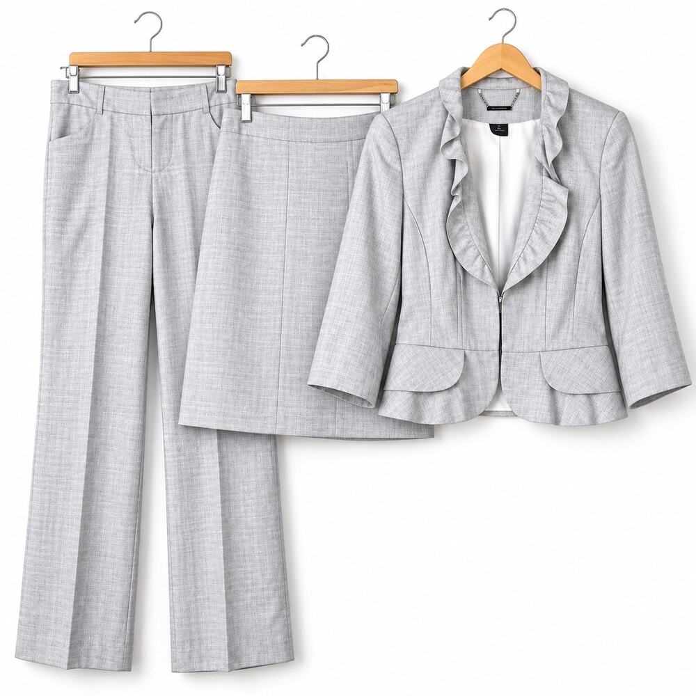 White House Black Market Gray 3 Piece Suit Ruffle Blazer Skirt Pants Women 8/6